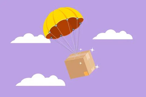 Character flat drawing box package fly through the sky using parachute. Onl.. Illustrazione stock