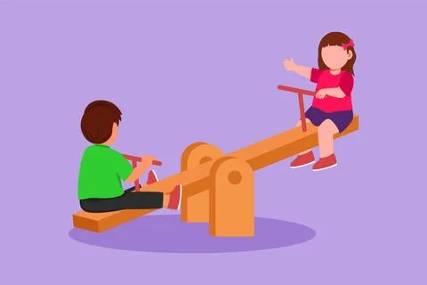 Character flat drawing boy and girl of preschool swinging on seesaw. Kids h.. イラスト素材