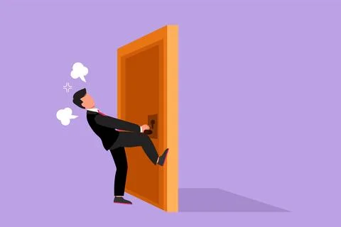 Character flat drawing businessman pulling closed door knob with power. Bus.. Stock Illustration