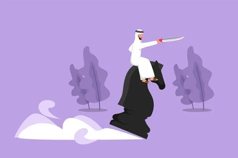 Character flat drawing competitive Arab businessman riding big chess horse .. Stock Illustration
