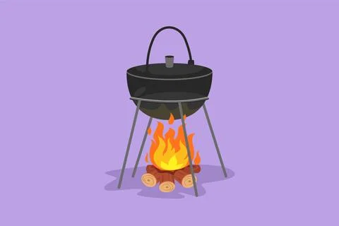 Character flat drawing of cooking dinner in camping pot over bonfire. Cauld.. Stock-Illustration