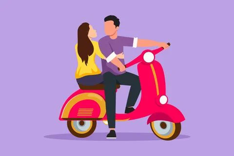 Character flat drawing couple with scooter vintage, pre-wedding concept. Ha.. Stock Illustration