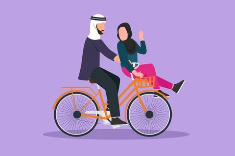 Character flat drawing cute romantic Arabian couple on date riding bicycle... Stock Illustration