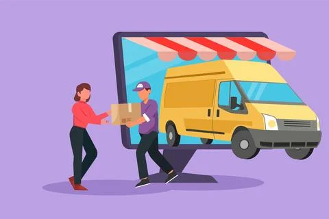 Character flat drawing delivery box car comes out partly from giant monitor.. Ilustración de archivo