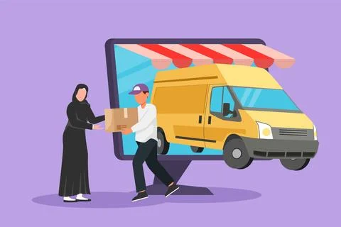 Character flat drawing delivery box car comes out partly from giant monitor.. Stock Illustration