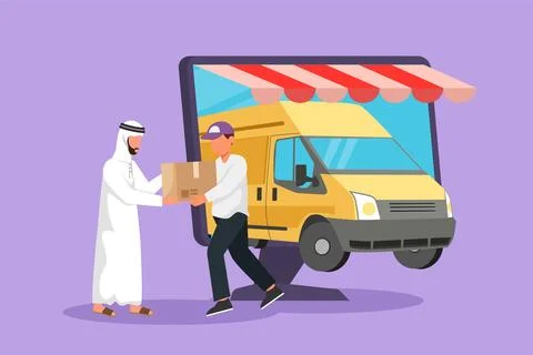 Character flat drawing delivery box car come out partly from big monitor sc.. Stockillustratie