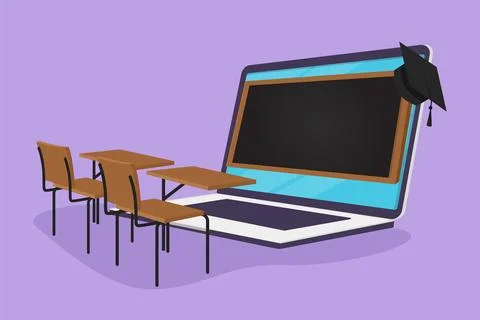 Character flat drawing empty study chairs and desks facing giant laptop com.. Stock Illustration
