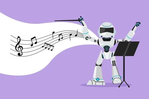 Character flat drawing expressive robot conductor directing music orchestra.. Stock Illustration