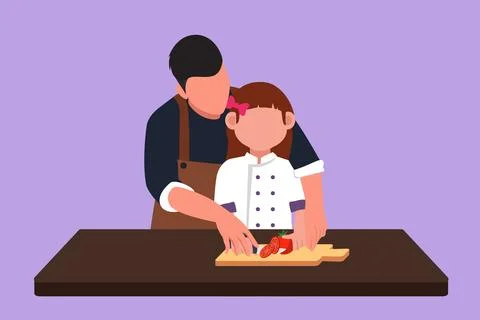 Character flat drawing father teaching his little daughter to cut vegetable.. Stock Illustration