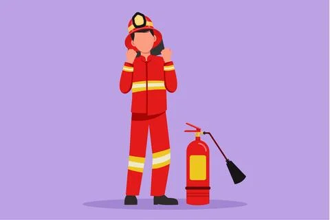 Character flat drawing firefighters standing with fire extinguisher wearing.. Ilustração Stock