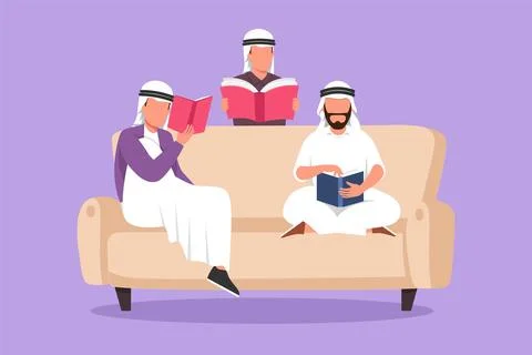 Character flat drawing friendly Arab family reads books together in living .. Stock Illustration