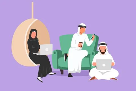 Character flat drawing group of Arab people with laptop computer at home. M.. Stock Illustration