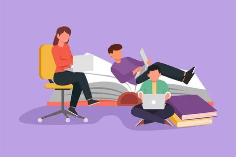Character flat drawing group of people with laptop computer at home. Man ly.. Stock Illustration