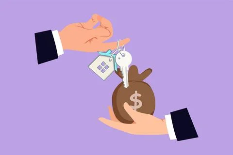 Character flat drawing hand giving house keys to customer with cash of mone.. Stock Illustration