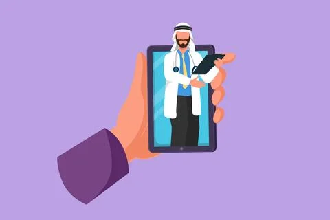 Character flat drawing hand holding smartphone and there is Arab male docto.. Ilustração Stock
