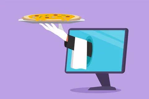 Character flat drawing hands out of computer monitor screen with tray open .. Stock Illustration