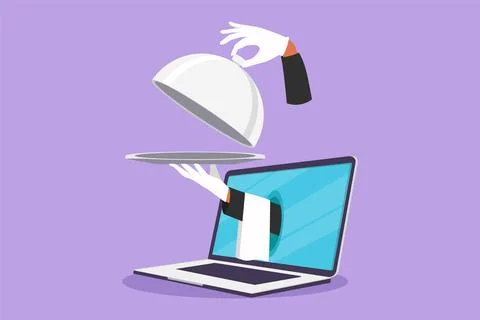 Character flat drawing hands out of laptop computer screen with open empty .. Stock Illustration
