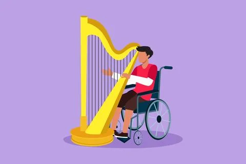 Character flat drawing handsome man sitting in wheelchair plays harp in con.. Ilustração Stock