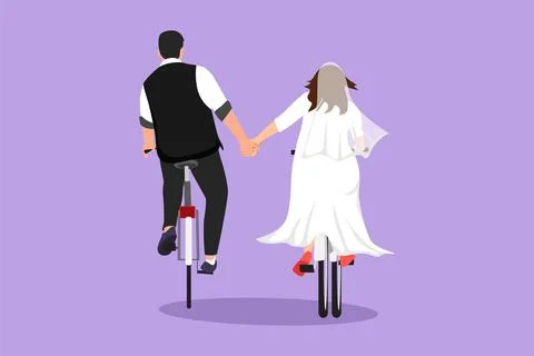 Character flat drawing happy romantic married couple ride bicycles back to .. Stock Illustration