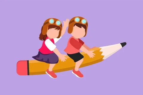 Character flat drawing of happy school kids riding flying pencil, get ready.. Stock Illustration