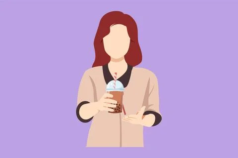 Character flat drawing happy young Asian woman showing boba milk tea, bubbl.. イラスト素材