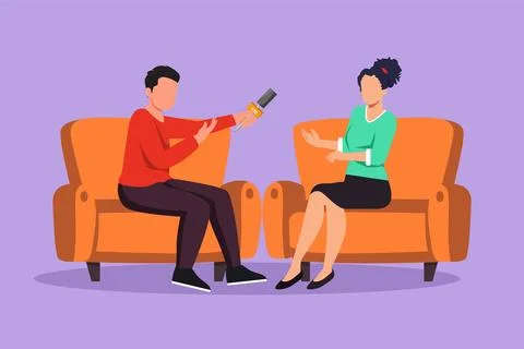 Character flat drawing of journalistic interview at tv show. Coworker, coll.. Ilustración de archivo