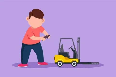 Character flat drawing of little boy playing with remote controlled forklif.. Stock Illustration