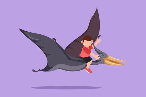 Character flat drawing little boy riding flying dinosaur. Pterodactyl ride .. Stock-Illustration