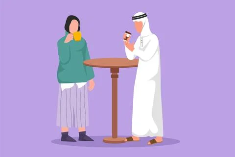 Character flat drawing loving Arab couple is drinking coffee and stand at t.. Ilustração Stock