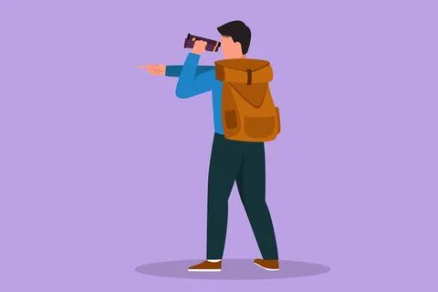 Character flat drawing male adventurer carrying backpack while looking thro.. Stock Illustration