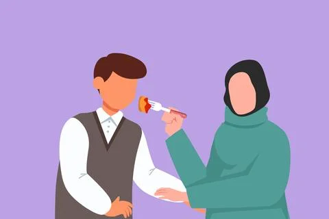 Character flat drawing obese Arab couple sitting at table eating sweet tast.. Stock Illustration