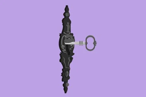 Character flat drawing old key in keyhole. Gothic style. Key to knowledge. .. Stock Illustration