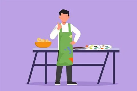 Character flat drawing painter standing with thumbs up gesture near table a.. Stock Illustration