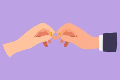 Character flat drawing pair of wedding ring held by groom and bride togethe.. Stock Illustration