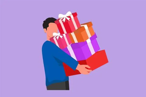 Character flat drawing portrait of boy carrying stack of wrapped gifts box .. Stock Illustration
