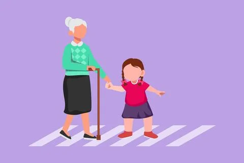 Character flat drawing pretty cute little girl helps old woman to cross roa.. Stock-Illustration