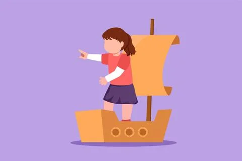 Character flat drawing pretty little girl playing sailor with boat made of .. Stock-Illustration