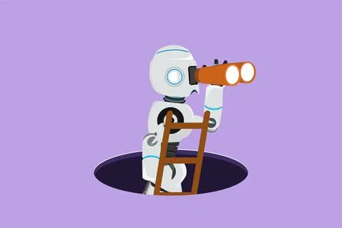 Character flat drawing robot climbs out of hole by ladder and using binocul.. Stockillustratie