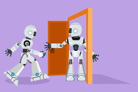 Character flat drawing robot at the door welcomes his friend in, inviting h.. Stockillustratie