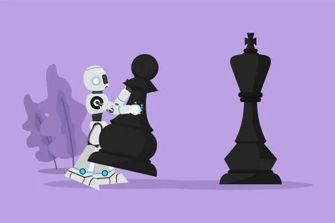 Character flat drawing robot holding pawn chess piece to beat king chess. S.. Stockillustratie