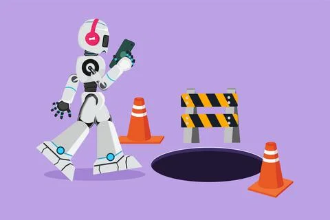 Character flat drawing robot listen music with headphone and watching smart.. Ilustração Stock