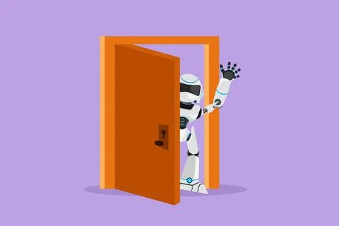 Character flat drawing robot looking from behind open door, peeking of door.. Stock Illustration