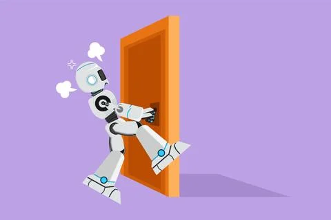 Character flat drawing robot pulling closed door knob with power. Strength .. Ilustración de archivo