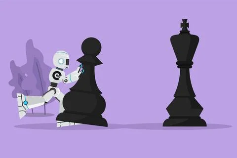 Character flat drawing robot push huge pawn chess piece, beat king. Strateg.. Illustrazione stock