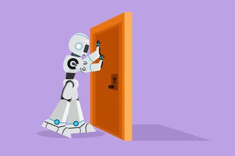 Character flat drawing of robot pushes closed door. Strength tech for succe.. Stock Illustration