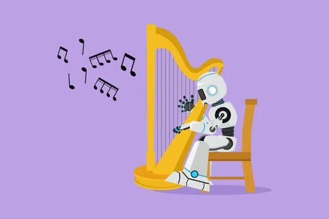 Character flat drawing robot sitting on chair and playing harp at classic m.. Illustrazione stock