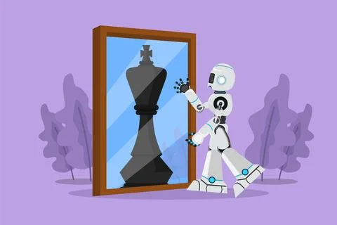 Character flat drawing robot standing in front of mirror reflecting chess k.. イラスト素材