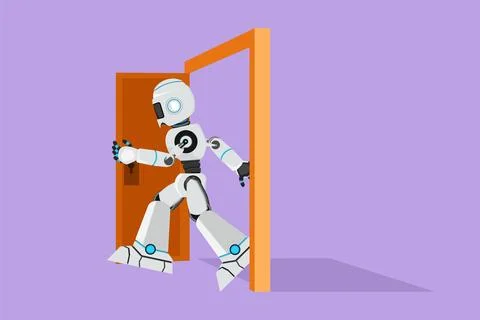 Character flat drawing of robot walking through an open door frame. New bus.. Stock-Illustration