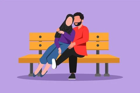 Character flat drawing romantic Arabian couple on bench in park. Happy man .. Stock Illustration