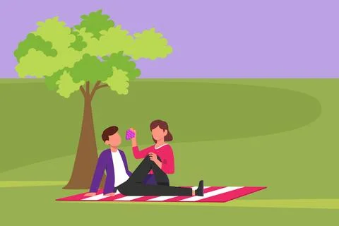 Character flat drawing romantic couple having picnic in summer park. Relaxi.. Ilustración de archivo